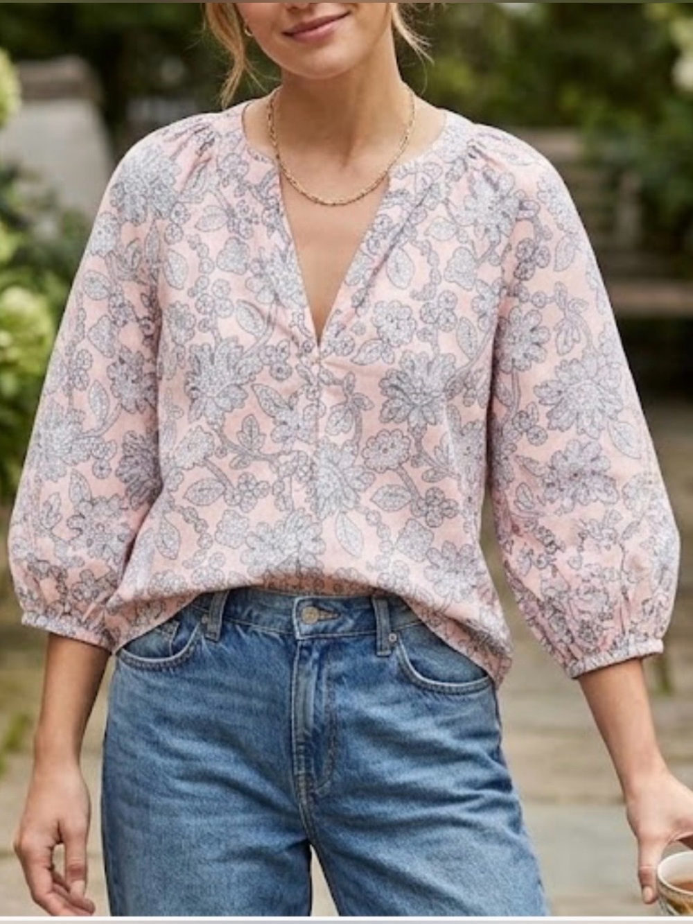 Ann Taylor Pink Floral Split V-Neck Peasant Blouse